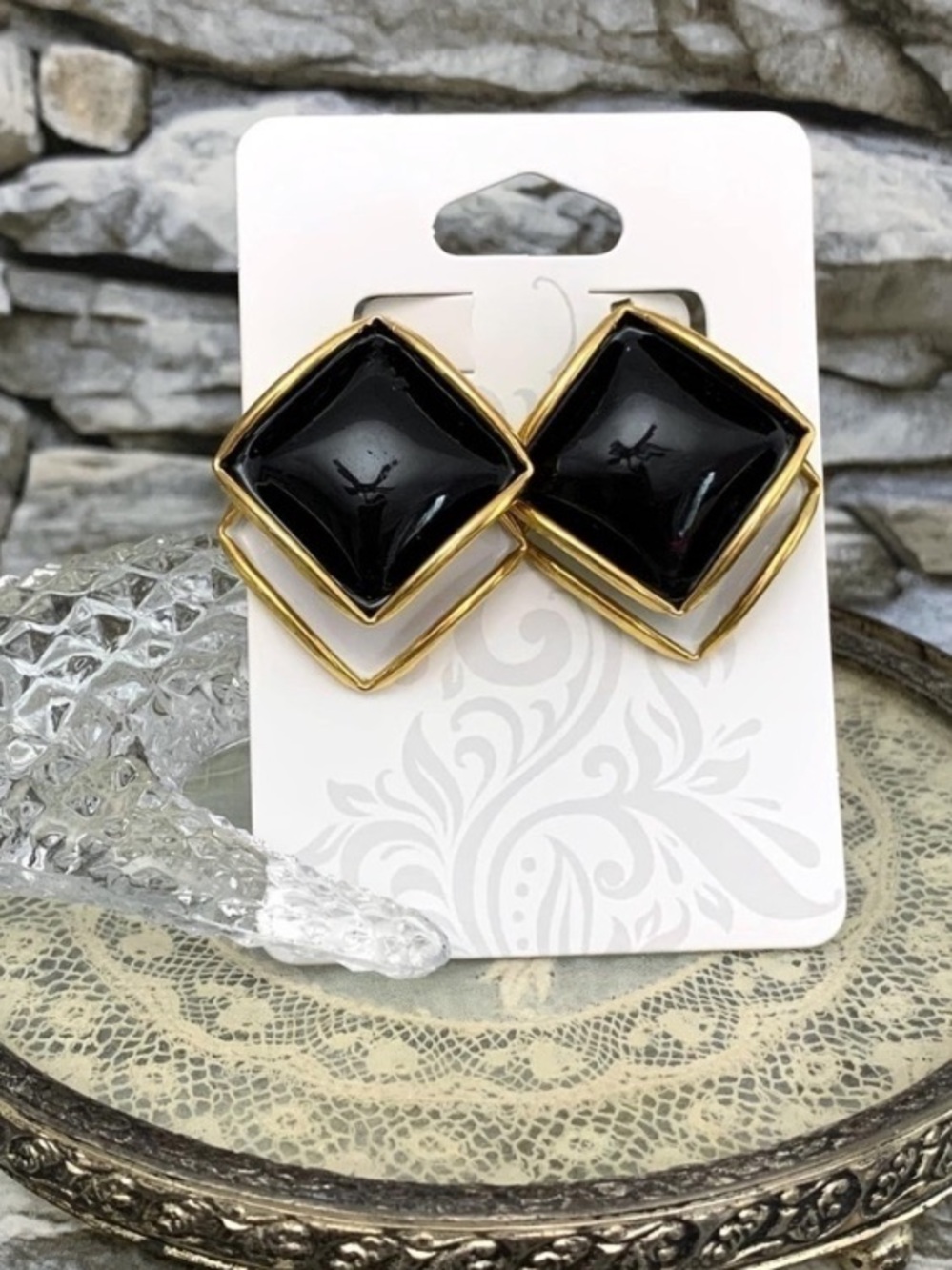 Vintage Signed Robert Black White Harlequin Enamel Art Deco Gold Clip Earrings